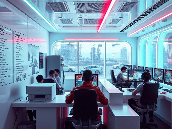 futuristic cyber cafe with people browsing and others playing games by the entrance there is a list of all online services offered the walls are white the is a big printer printing by the front desk, outside the windows cars can be spotted while customers are seen coming in to converse with the person at the front desk