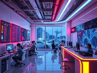 futuristic cyber cafe with people browsing and others playing games by the entrance there is a list of all online services offered the walls are white the is a big printer printing by the front desk, outside the windows cars can be spotted while customers are seen coming in to converse with the person at the front desk