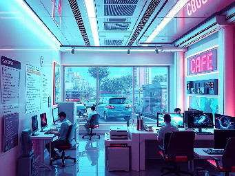 futuristic cyber cafe with people browsing and others playing games by the entrance there is a list of all online services offered the walls are white the is a big printer printing by the front desk, outside the windows cars can be spotted while customers are seen coming in to converse with the person at the front desk